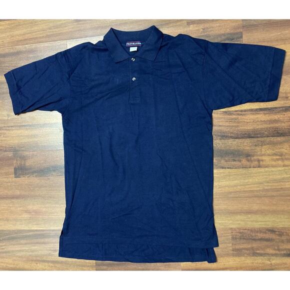 VTG Mens FRUIT OF THE LOOM Polo Shirt Sz Large 90s Navy‎ Blue Plain Short Sleeve - Picture 1 of 2